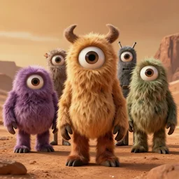 1 9 7 6 synthetic fur monsters with large eyes, standing on a martian landscape, cinematic movie scene, inspired by the movie the fifth element