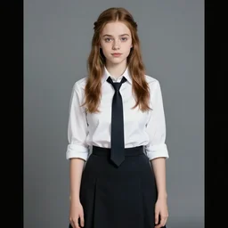 high school yearbook photo of katniss everdeen, wearing a white shirt, tie, and black skirt, 2 0 0 9