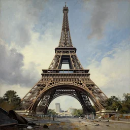 eiffel tower in post apocalyptic paris , painting by frazetta, low angle,wide angle, panorama