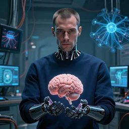 zoomed out, a dark male android in dark blue clothes holding a brain and neurons, in a room full of wires and computers and neural networks, realistic face, zoomed out, sci - fi, ai, 4 k realistic, artem demura. alphonse mucha. rafael.