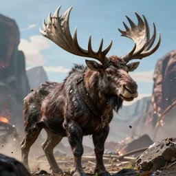 barbarian rising demonic moose, hyper realism, cinematic, volumetric lighting, high detail, octane render, unreal engine, 8 k, vibrant colors, depth of field, concept art, dnd, digital art, ray tracing, apocalyptic, extremely detailed, very sharp,