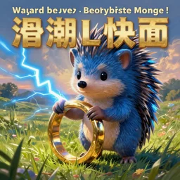 ( ( a cute face blue hedgehog holds a large gold ring with blue lightning. cover art. ) ), blue lightning!!!!,, large gold ring!!, beautiful grassland, early morning hours, long shadows, extremely detailed, fantasy painting, by jean - baptiste monge!!!!