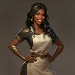 a highly detailed illustration of naomi scott as kind blacksmith woman wearing apron, dramatic smile pose, intricate, elegant, highly detailed, centered, digital painting, artstation, concept art, smooth, sharp focus, league of legends concept art, wlop.
