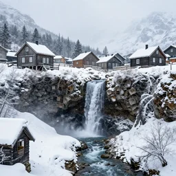 mountain village with wooden viking houses on top of a waterfall in the snow, blizzard,  a small stream runs beneath the waterfall, landscape, raphael lacoste, eddie mendoza, alex ross, concept art, matte painting, highly detailed, rule of thirds, dynamic lighting, cinematic, detailed, denoised, centerd