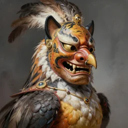 masterful fantastic realist painting an exotic ancient feathered and bejeweled bird wearing an exquisite and fiercely painted bugaku mask of a tiger, digital painting trending on artstation, nose ring, volumetric lighting and mist, cosplay, portrait painting, hyperrealistic, octane render