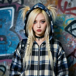 highly detailed portrait of a sewer punk lady, tartan hoody, blonde ringlet hair by atey ghailan, by greg rutkowski, by greg tocchini, by james gilleard, by joe fenton, by kaethe butcher, gradient blue, black, blonde cream and white color scheme, grunge aesthetic!!! ( ( graffiti tag wall background ) )