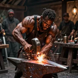 a muscular dwarf blacksmith, wearing blacksmith clothing!!!!!!!, swinging hammer down forging a sword on an iron anvil, cinematic, epic, by greg rutkowski, craig mullins, jeff easley, archvillain, titanforge, blizzard, hearthstone, mtg, wotc