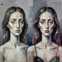 Two still figures facing camera, are they aware of each other? Chaotic, glitch art aesthetic, ethereal painting in the style of Francis Bacon
