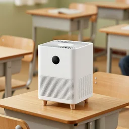 small square white air purifier with four wooden legs, in a school classroom, photo, 8k, award winning