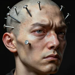 highly detailed realistic hammered nails in a stupid head, pain, light effect, hyper detailed, intricate, elegant, highly detailed, digital painting, artstation, concept art, matte, sharp focus, illustration, by dan mumford, yusuke murata, makoto shinkai, ross tran