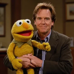 film still from twin peaks, agent dale cooper as a puppet muppet!!. highly detailed felt. hyper real photo, octane, jim henson, 4 k.