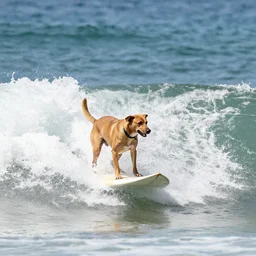 dog riding a surfboard on a big wave, photorealistic