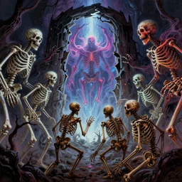 merge skeletons in the hundeds reaching out the borken portal to hell, artwork by beksinski gammell mcfarlane giger realsistic horror, wispy prismatic neon ink horrors, fluorescent matte painting glow in the dark, vibrant acid metallic colors