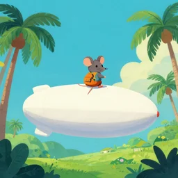 adventurer mouse travelling on a blimp above tropical landscape. complementary colors, vaporwave, gouache, indie concept art, bloom, chiaroscuro, backlighting, intricate details.