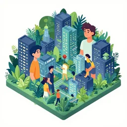 editorial illustration portrait of an isometric busy city at night with lush foliage overgrowth, mads berg, christopher balaskas, victo ngai, rich grainy texture, detailed, dynamic composition, wide angle, matte print, unreal engine, screen print, ( ( dither ) )