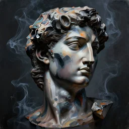 epic concept art. abstract male beautiful face silhouette mixing with black and color acrylic liquid fluid. abstract sculpture. neobrutalism. smoke simulation. masterpiece, michelangelo. matte painting. light glow. hyper realism painting. photography. shattered sculpture. greg rutkowski, wlop, victo ngai, kandinski