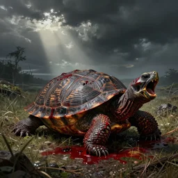 A tortoise covered in blood, roaring in antipication of death, style of keith thompson, laurie lipton, Zdzisław Beksiński