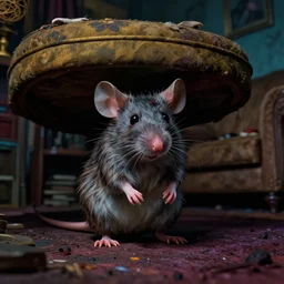 cinematic colorful horror artwork by artgerm, beksinski, edgar poe ; real life full portrait of ugly furry mouse under couch at living room ; macro scale ; ground level wide shot low angle ; night ominous scary, 8 k hdr, creepy intricate ; volumetric dramatic lighting, insanely detailed, haunting