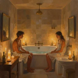 painting of an interior of a bath house with candles, concept art, by greg rutkowski and craig mullins, cozy atmospheric and cinematic lighting, trending on artstation