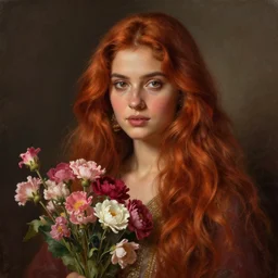 goddess of flowers. pakistani. long ginger hair. atmospheric lighting. highly detailed digital painting by greg rutkowski. sharp focus, 8 k.