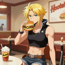 Alucard the blond vampire lord in a crop top and shorts eating a burger at Hooter’s