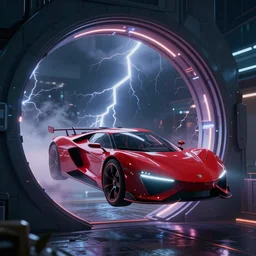 futuristic red flying car emerging from a circular portal made of lightning in a thunderstorm at night, 8k 28mm cinematic photo