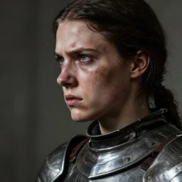 close - up portrait of a young joan of arc in armor, with a dirty and sweaty face, angry expression, in profile, realistic shaded, dramatic lighting, concept art, high - contrast, muted colors, hyper detailed, trending on artstation, by christophe young, by wlop, by greg rutkowski, by raymond swanland