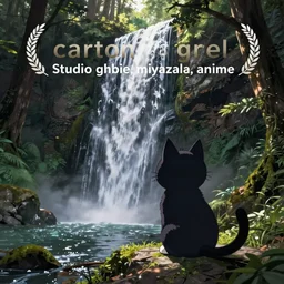 ”cartoon cat looking at waterfall in forest, studio ghibli, miyazaki, anime”