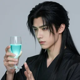 young male alchemist holding a glass of glowing liquid, dnd, ear - length raven - black hair, close shot, stuning 3 d render, dnd character, masterpiece, glowing aura, by donato giancola and greg rutkowski and wayne barlow and zdzisław beksinski, realistic face