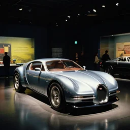 cyberpunk 1 9 2 6 bugatti type 3 5, volumetric lighting, in a museum, museum exhibit, museum lighting, 9 0 s film photo