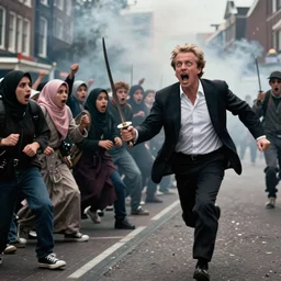 2 4 mm color photograph of geert wilders, shouting, crazy eyes, holding a sabre and running towards a group of scared, fleeing hijab people in amsterdam, atmospheric lighting, by joel meyerowitz, by saul leiter