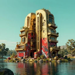 photo hyper realistic concept art house solarpunk in the funny big lake, red graffiti style futuriste brutalism, gold and black turquoise ratio, octane render excellent composition style alphosne mucha
