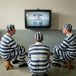 prison inmates in striped suits sitting around a television bolted to the wall, rendered in octane, rendered in Corona, rendered in vray, rendered in Arnold, insanely detailed, photorealistic, cinematic, global illumination, no grain