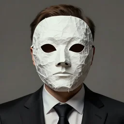 portrait of a man wearing a crumpled paper mask and formal suit, headshot, digital illustration, matte painting, hyperrealistic, photoreal, symmetry, highly detailed, sharp focus, 8 k, hd, intricate, by beksinski and rutkowski