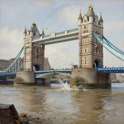 a beautiful painting of a London bridge falling down. Debris is crashing into the water below. Trending on artstation. Expressive masterpiece.