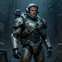 photorealistic oil painting of gordon freeman in a damaged, scratched and worn down hev suit, night, rain, dense fog, dark room, cinematic, volumetric lighting, f 8 aperture, cinematic eastman 5 3 8 4 film, photorealistic