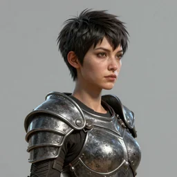 hyper detailed substance painted 3 d full body turnaround character portrait of a woman with a pixie cut and demon inspired armor, with a realistically proportioned face, photorealistic eyes, cinematic lighting, good value control, smooth, realistic shading, realistic face details, digital painting, painted texture maps, good colors, illustration, substance painter, ultra realistic, very highly detailed, segmented armor