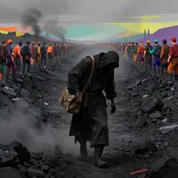 a shaking, black - robed figure in a coalfield is walking limp and hunched over. the field is saturated with coal dust, hiding the face of the person. a satchel slung over his shoulder drags him forward as he walks along the rows of miners, colorful stunning digital art, artstation