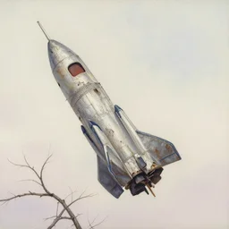 abandoned rocket ship, distant knotted branches, mild pastel gouache, extremely detailed