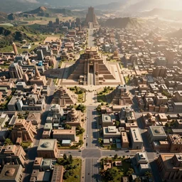 A game concept art of city map with huge aztec temple in center and wide straight roads. Octane renderer, artstation, extremely high details