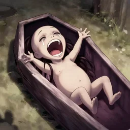 a shade bursts out of its coffin rocking with laughter as it tries to wake its sleeping body, causing its eyes to tear up and its mouth to open wide