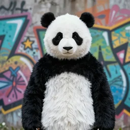 photograph of a sad man wearing a panda costume, graffiti wall background