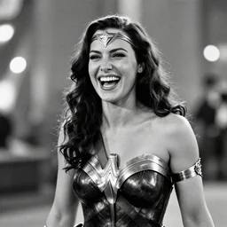 gal gadot as she crinkles her nose while laughing, dressed as wonder woman, photorealistic, black and white photography, 2 0 0 mm nikkor m f / 5. 6, 4 x 5 film, bokeh