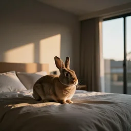 a rabbit on a bed, in modern house, with golden hour time, moody, calm, in realistic digital art