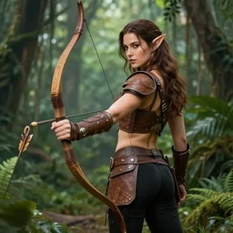 Gorgeous Jungle Ranger, brown armor, thick bow, ornamental arrows, high fantasy, elf, brown hair, black pants, trending on artstation, artstationHD, artstationHQ, octane, seductive, intrinsic, by leng jun, by frank franzzeta
