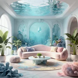 a modern indoor room underwater surounded a hiper detailed inkdrop in water, clean architecture, pastel colored, baroque, a couch, a couch table, some fresh plants, intricate detailed 3 d render, hyper realistic intricate acrilic fluid art, elegant, intense colors, wide shot, octane render, concept art, daylight, peaceful, 8 k