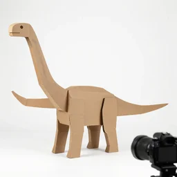 a diplodocus made of brown cardboard, dslr, white room