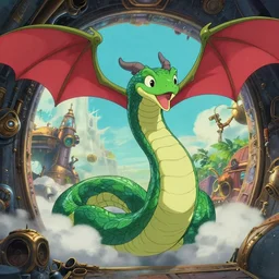 a vibrant emotional key shot of timeless serpent dragons flying through a steampunk portal, studio ghibli, pixar and disney animation, sharp, disney concept art maximalist splatter paint illustration by shinji kimura and alphonse mucha and alena aenami, pastel color palette, bloom!!, dramatic lighting