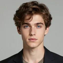a handsome wavy brown haired blue eyed young man with delicate features dressed as lead singer in a boy band. By Sakimichan, Geoffroy Thoorens, Trending on ArtStation. Masterpiece. Rule of thirds.
