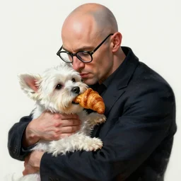 bald french man wearing glasses hugging a small white dog while eating a croissant, fantasy, high detail, elegant, digital painting, cinematic lighting, vibrant, intricate, textured skin, highly detailed, artstation, sharp, focus, hdr, unreal engine 5, breathtaking, illustration, anna dittmann, ilya kuvshinov, nikolay makovsky